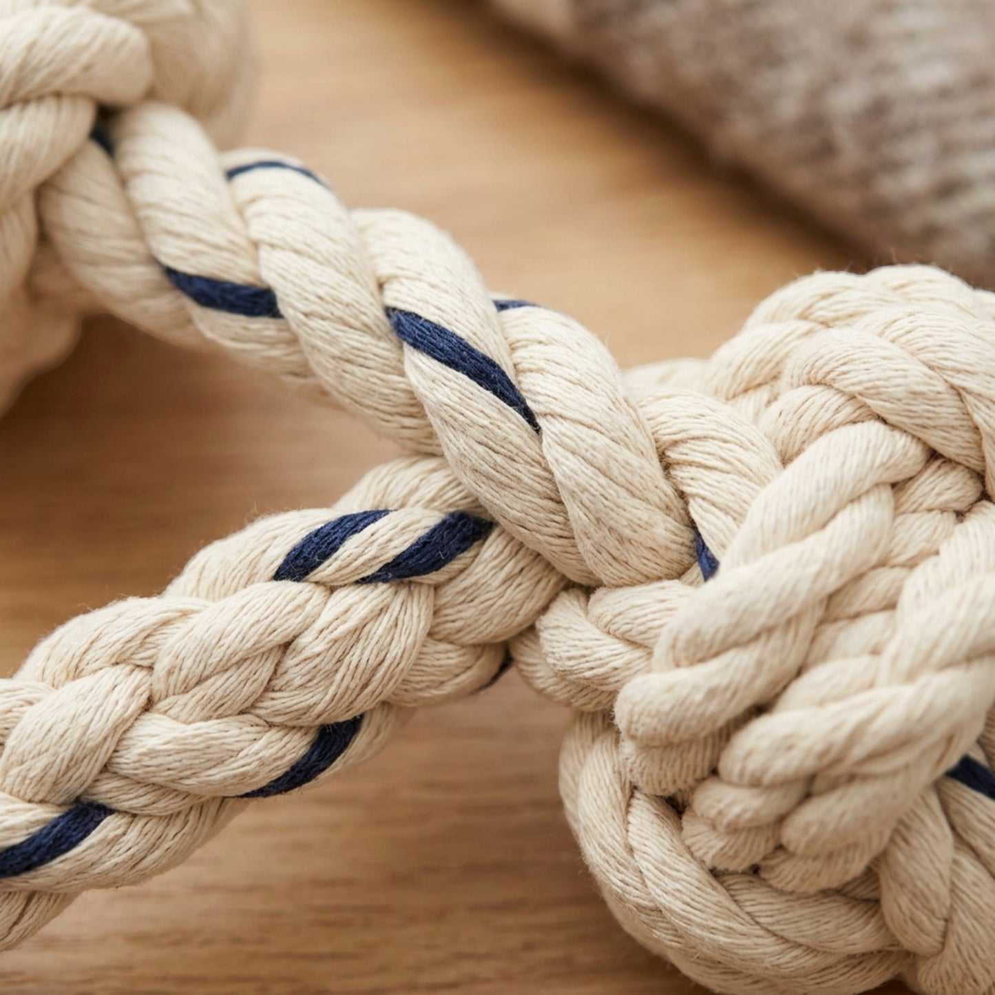 Aerovy Knotarc Braided Cotton Rope Dumbbell Dog Toy 14 in Navy Cream - Detail view