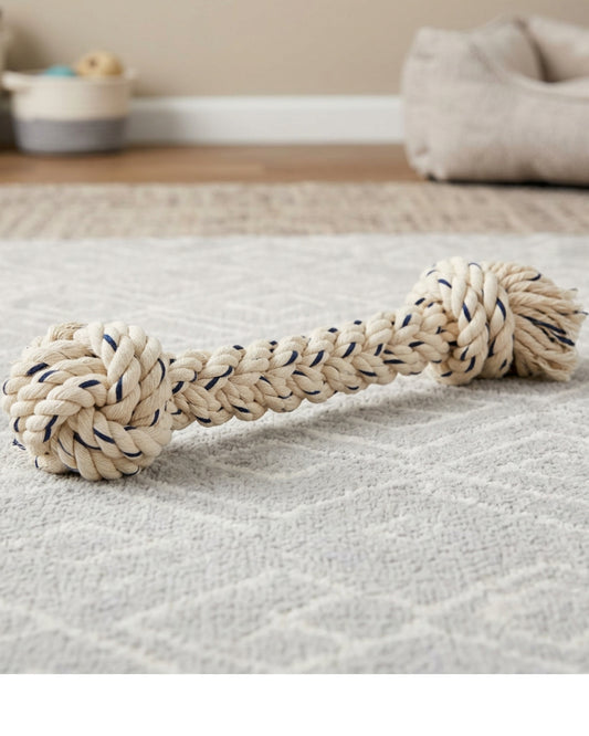 Aerovy Knotarc Braided Cotton Rope Dumbbell Dog Toy 14 in Navy Cream - Lifestyle view