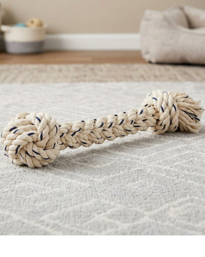 Aerovy Knotarc Braided Cotton Rope Dumbbell Dog Toy 14 in Navy Cream - Lifestyle view