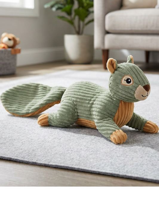 Aerovy Leafwhistle Plush Squirrel Crinkle Dog Toy 12 in Sage Tan - Lifestyle view