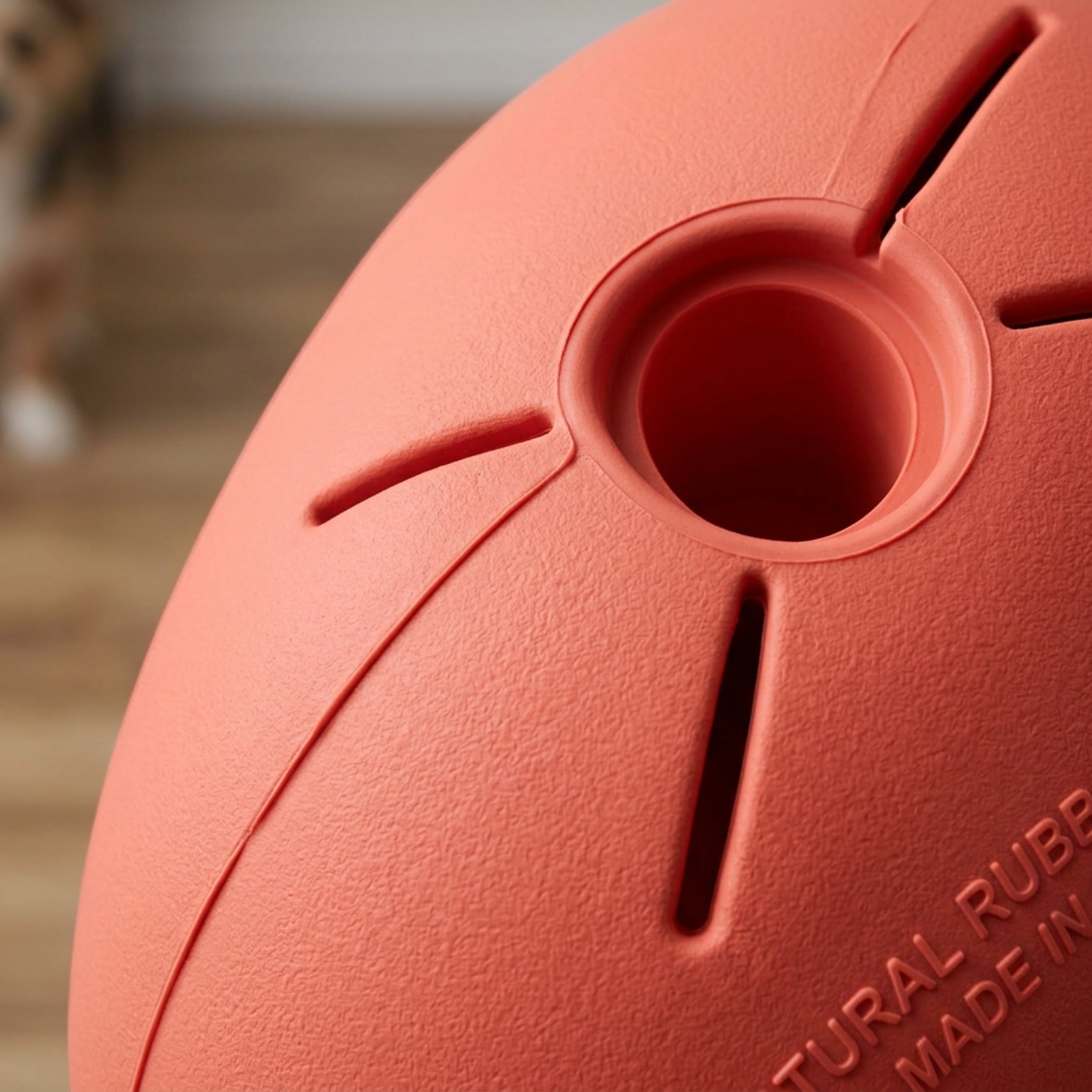 Aerovy Pebbletreat Natural Rubber Treat Pod Dog Toy 4.2 in Coral - Detail view